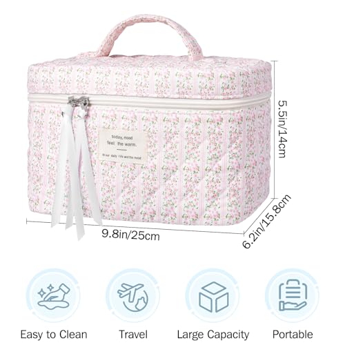 senbowe Large Quilted Makeup Bag Cotton Floral Cosmetic Bag for Women Cute Coquette Aesthetic Makeup Bag Toiletry Bag Travel Make Up Organizer Bag with Zipper and Ribbon Pinkgreen Floral - Image 3