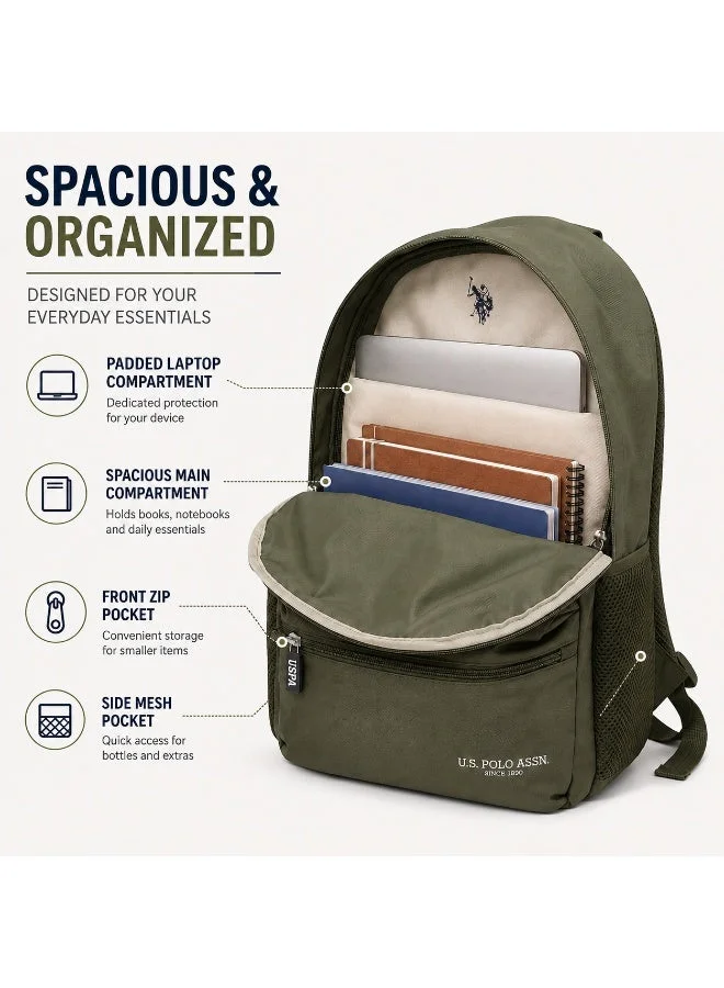 يو اس بولو اسن U.S. Polo Assn. Classic Olive Green Tonal Heritage Backpack for School and Office MultiCompartment Bag for Campus
