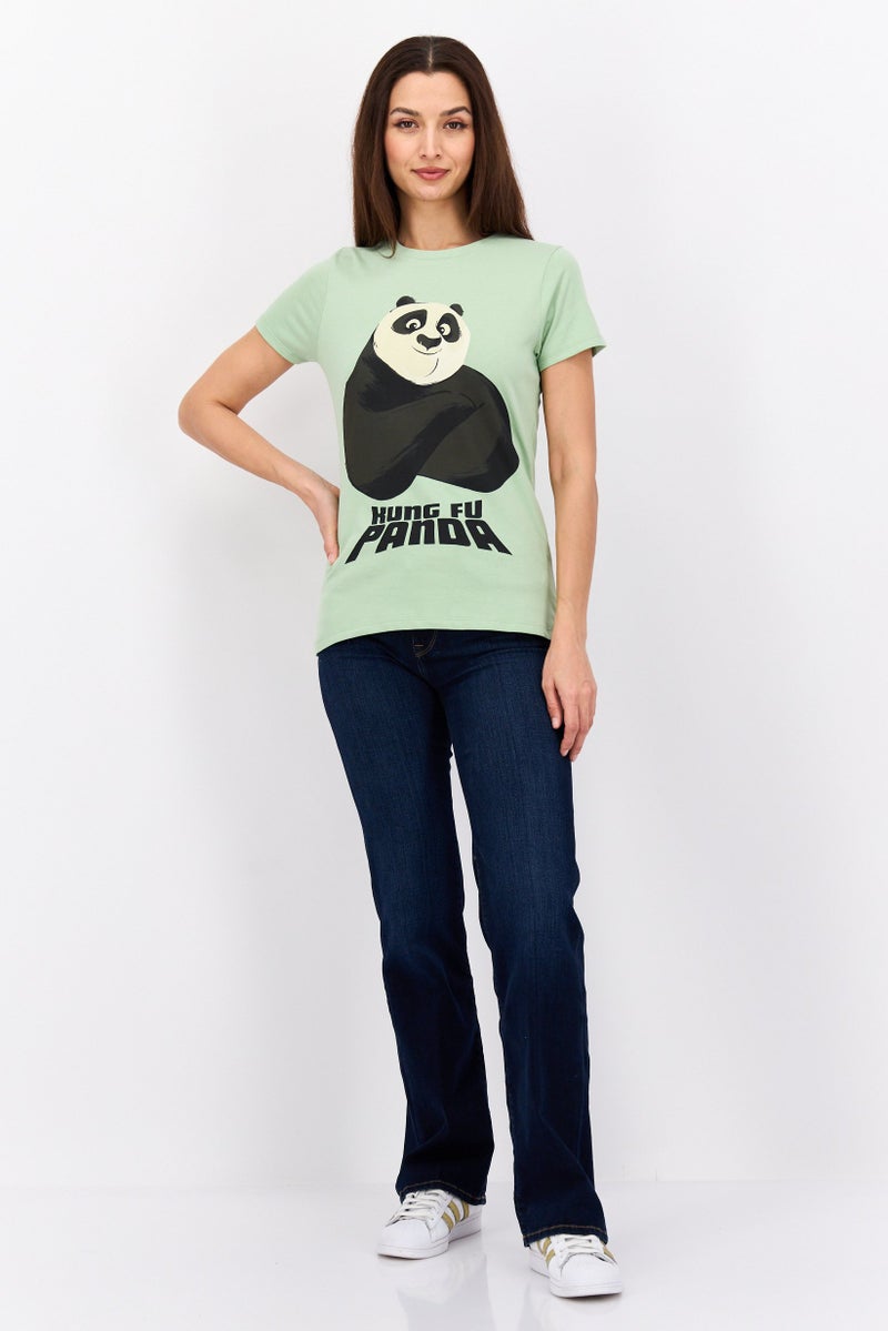DreamWorks تي شيرت نسائي بأكمام قصيرة وياقة دائرية من كونغ فو باندا، أخضر - Image 4