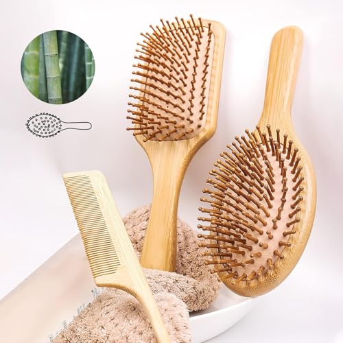VIZARO Bamboo Hair Brush for Women, Natural Bamboo Bristles Detangling Wooden Paddle Hair Comb for Hair Growth,Massaging Scalp -3 Pis Set - Image 2