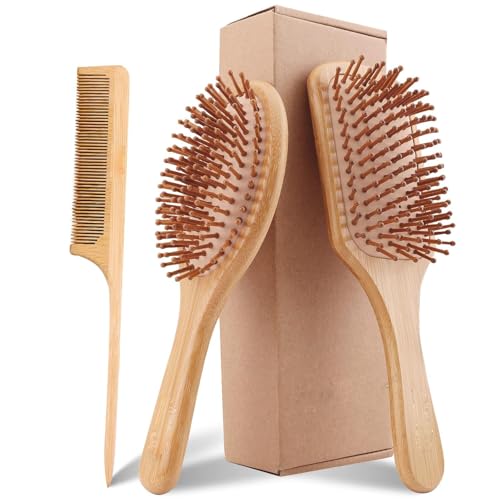 VIZARO Bamboo Hair Brush for Women, Natural Bamboo Bristles Detangling Wooden Paddle Hair Comb for Hair Growth,Massaging Scalp -3 Pis Set - Image 1
