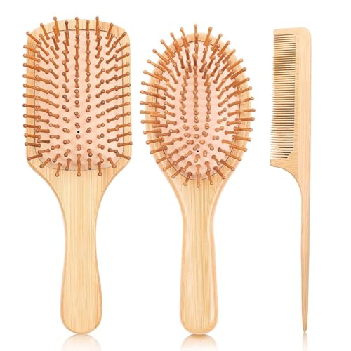 VIZARO Bamboo Hair Brush for Women, Natural Bamboo Bristles Detangling Wooden Paddle Hair Comb for Hair Growth,Massaging Scalp -3 Pis Set - Image 4