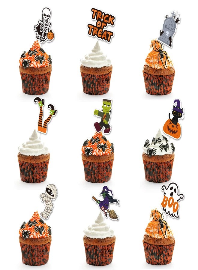 وولاين مجموعة زينة كب كيك هالوين من والين، 72 قطعة، مع أعواد وغراء، 9 تصاميم، زينة حلويات هالوين سعيدة، زينة كب كيك "خدعة أم حلوى" لحفلات أعياد الميلاد - Image 3