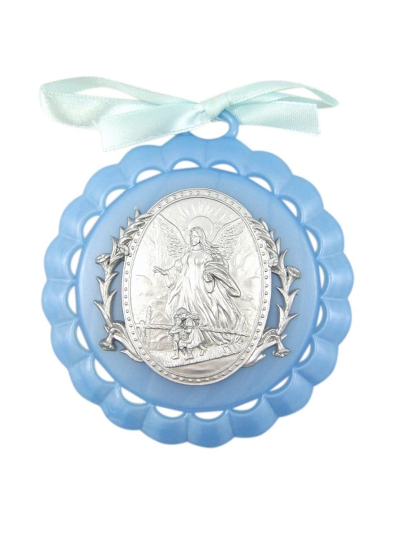 WJH Moulded Acrylic Blue Crib Medal with Guardian Angel for Baby Boy Nursery Decor, 3 1/2 Inch - Image 1