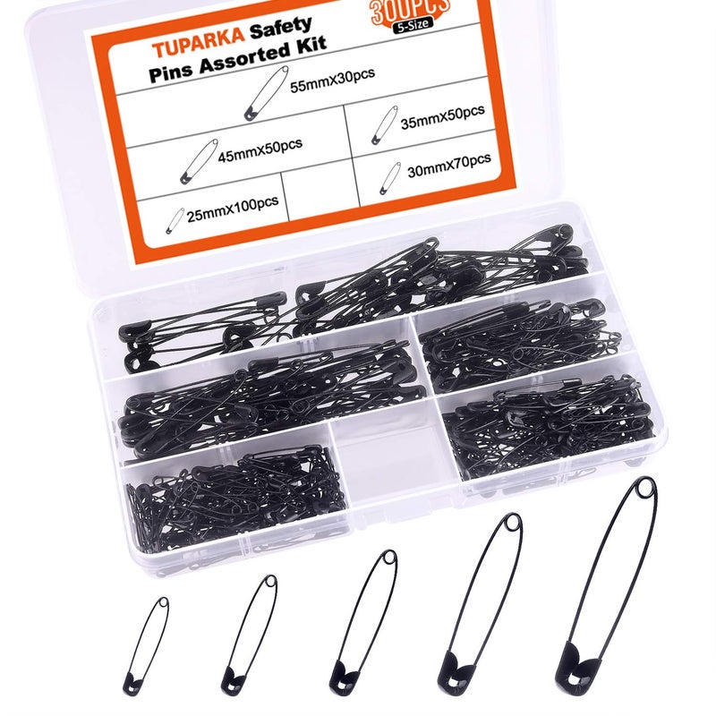 TUPARKA 5 Sizes Black Safety Pins Assorted 25-55mm Small and Large Safety Pins for Art Craft Sewing Jewelry Making in a PP Box (300 pcs) - Image 1