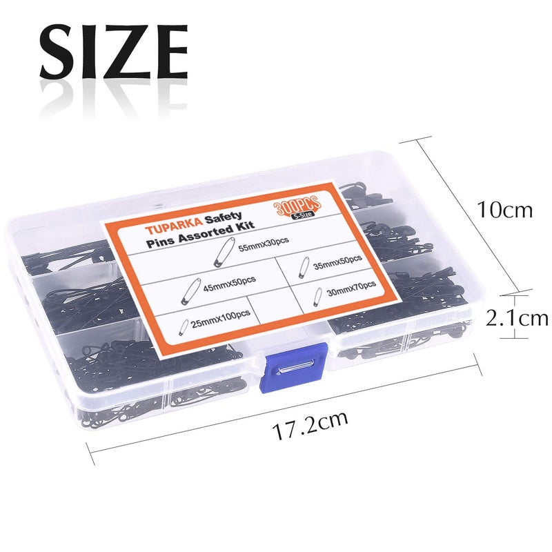 TUPARKA 5 Sizes Black Safety Pins Assorted 25-55mm Small and Large Safety Pins for Art Craft Sewing Jewelry Making in a PP Box (300 pcs) - Image 3