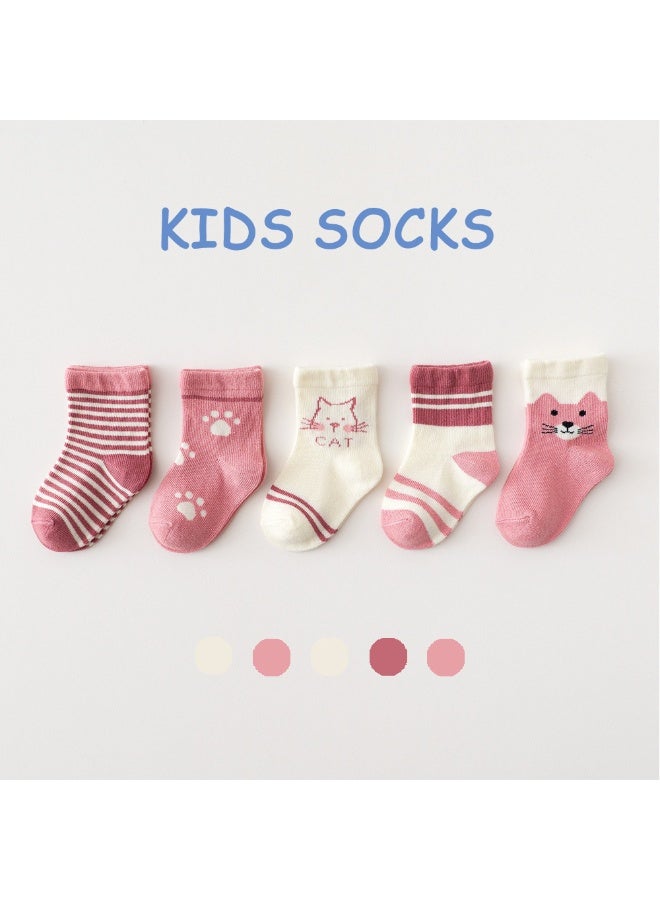 Combed Cotton Socks with kitten Pattern, White/pink/Red, 0-8 Years Old, 5 Pairs Pack - Image 1