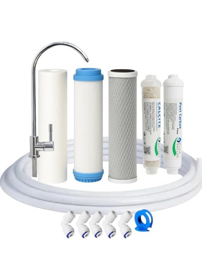 5-Stage Taiwan Quality Water Filter Maintenance Kit (Pure Secret) - Includes Stainless Faucet, 5m Tubing & Quick Connect Fittings