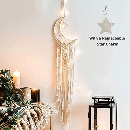 ANROYE Boho Macrame Woven Wall Hanging, Crochet Crescent Moon Star Dream Catcher with Long Tassel- White Cotton Handmade Bohemian Home Decor Decoration Art Craft for Kids Bedroom Dorm Room - Image 1