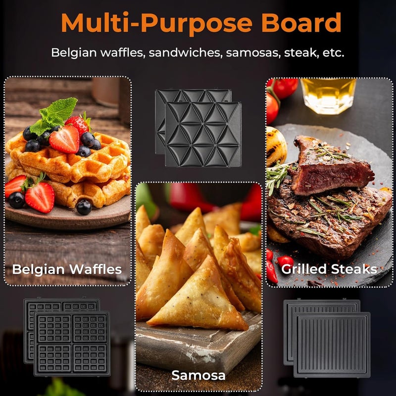 SOKANY Sandwich Maker 1400W 3in1 Versatile Interchangeable Grill and Samosa Making Ramadan Food Waffle Plates 2 Slice Non-stick Grill with Handle Locking, Overheat Protection - Image 3