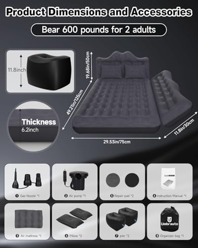 Umbrauto Inflatable Car Mattress Bed: SUV Camping Air Bed for Truck Backseat with Pump & Pillows, Car Sleeping Airbed for Van Back Seat - Image 3