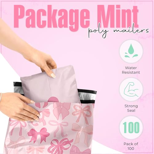 Package Mint 10x13 Poly Mailers – Coquette Bows Design – Waterproof, Tear-Resistant Shipping Bags with Adhesive Seal – 100 Pack – Package Mint - Image 2