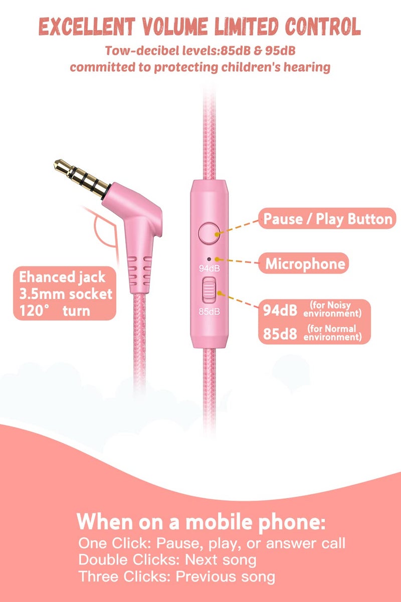 New Bee Kids Headphones Wired for School with Microphone KH20 HD Stereo Safe Volume Limited 85dB/94dB Foldable Lightweight for Girl/Mac/Android/Kindle/Tablet/Pad (Pink) - Image 3