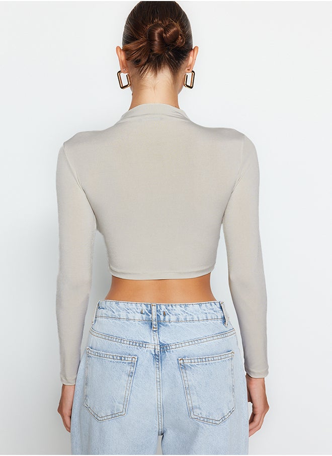 trendyol - Light Stones Stand Collar Draped Crop Blouse TWOAW24BZ00164 - Image 1