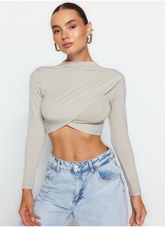 Light Stones Stand Collar Draped Crop Blouse TWOAW24BZ00164