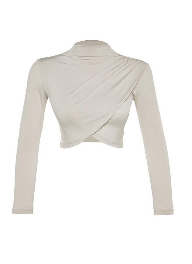 trendyol - Light Stones Stand Collar Draped Crop Blouse TWOAW24BZ00164 - Image 1