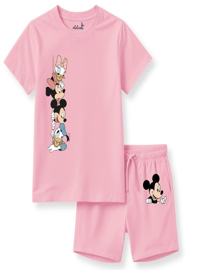 minicult kids Cotton Shorts with matching Tshirt Coord clothing set with cute Prints (Pink)(18-24 MTS) - Image 1