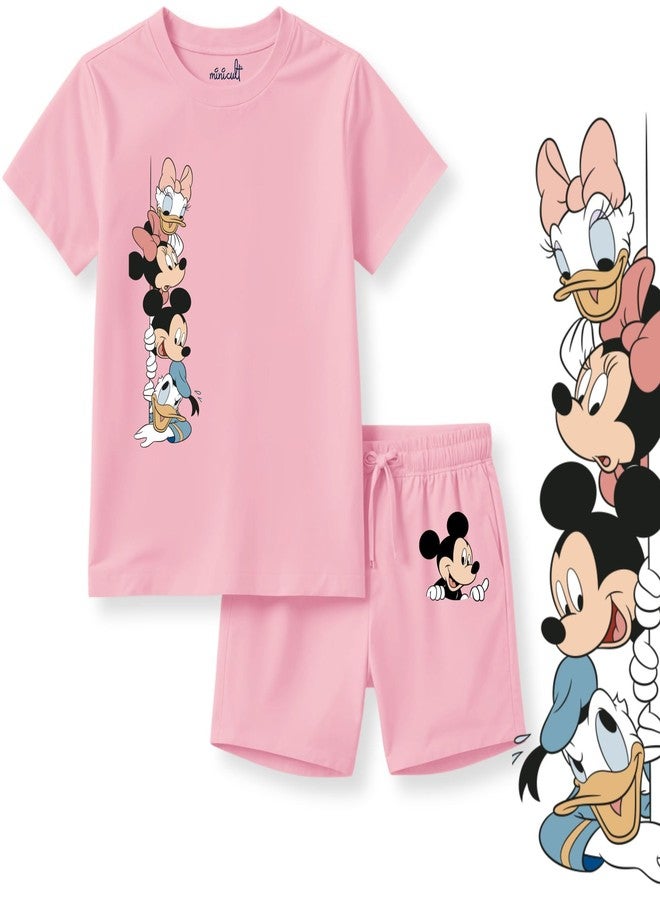 minicult kids Cotton Shorts with matching Tshirt Coord clothing set with cute Prints (Pink)(18-24 MTS) - Image 2