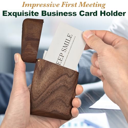 Yookin Wood Business Card Holder Wooden Magnetic Business Card Case Portable Simple (Black Walnut) - Image 5