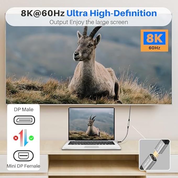 rayihni 8K DISPLAYPORT TO MINI DISPLAYPORT ADAPTER 2PACK, UNI-DIRECTIONAL DISPLAYPORT MALE (SOURCE) TO MINI DISPLAYPORT FEMALE (SCREEN) CONVERTER, (THUNDERBOLT 2 COMPATIBLE) SUPPORTS 8K@60HZ, 4K@120HZ - Image 3