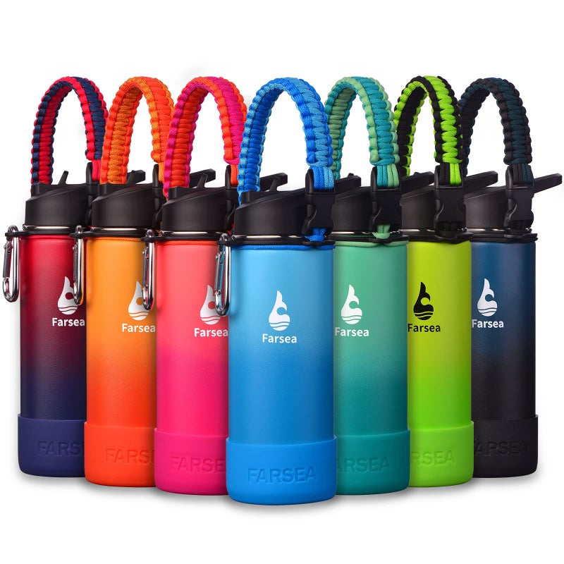 Farsea Insulated Water Bottle With Paracord Handle Protective Silicone Boot and 2 Lids Straw Lid Spout Lid Stainless Steel Water Bottle Wide Mouth Double Wall SweatProof BPAFree 18 oz