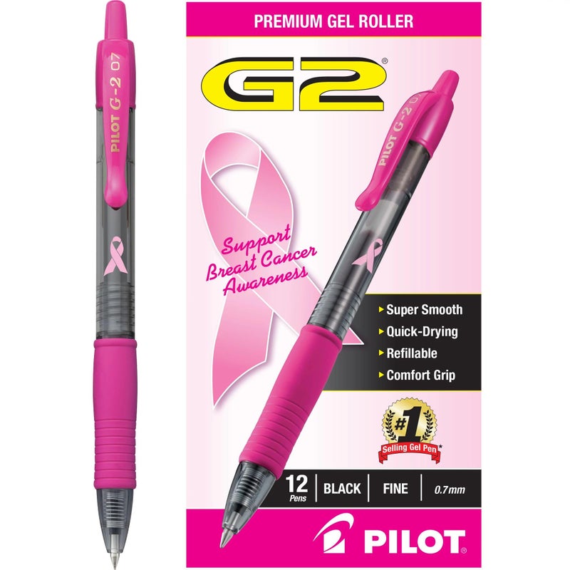 PILOT G2 Premium Pink Ribbon Retractable Gel Roller Ball Pen, Fine Point, Black Ink, 12-Pack (31332) - Image 1