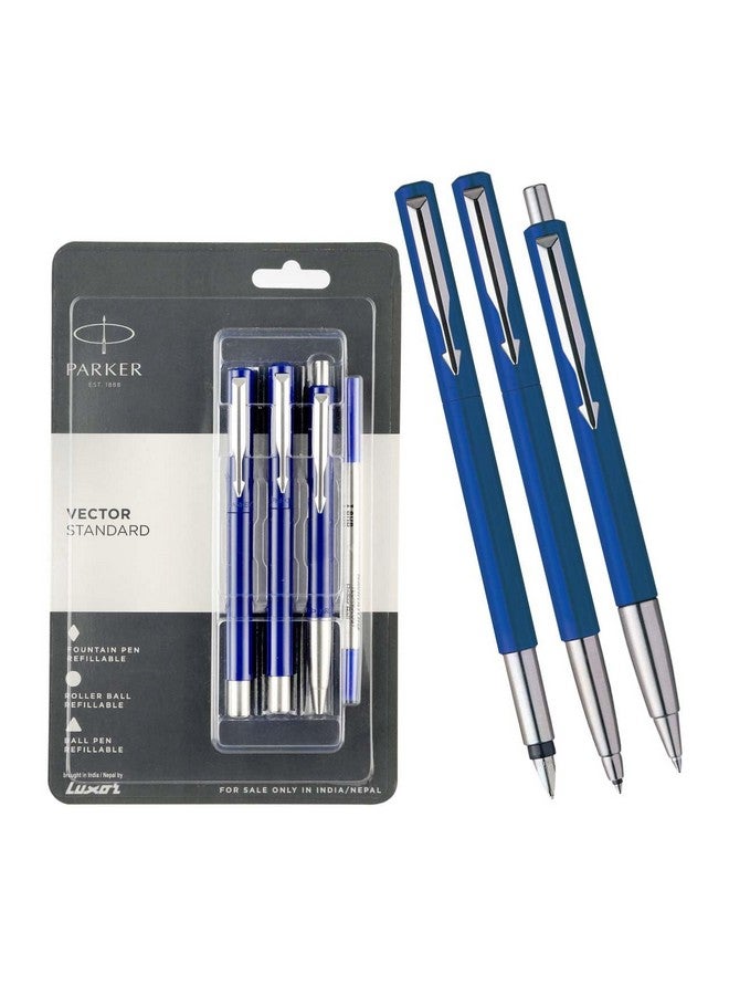 PARKER Parker Vector Standard Triple Pen Combo (Fountain Pen + Roller Ball Pen + Ball Pen) | Blue Body Color | Ink Color - Blue | Perfect For Professional Use | Elite Pen For Corporate Purposes  - Image 1
