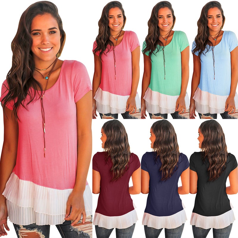 Spot! K8591 Selling Round Neck Short Sleeve Chiffon Laminated Bottom 6 Colors - Image 3