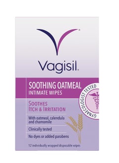 Vagisil Soothing Oatmeal Intimate Wipes to soothe itch & irritation, Contains Tea Tree Oil, Gentle Enough For Daily Use,12 individually wrapped Wipes 