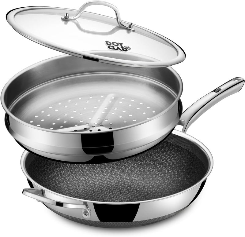 DOTCLAD 13 Inch Hybrid Stainless Steel Wok with Lid and Steamer Basket, Non Stick Stir Fry Pan, PFOA-Free, Works on Induction, Dishwasher & Oven Safe - Image 1