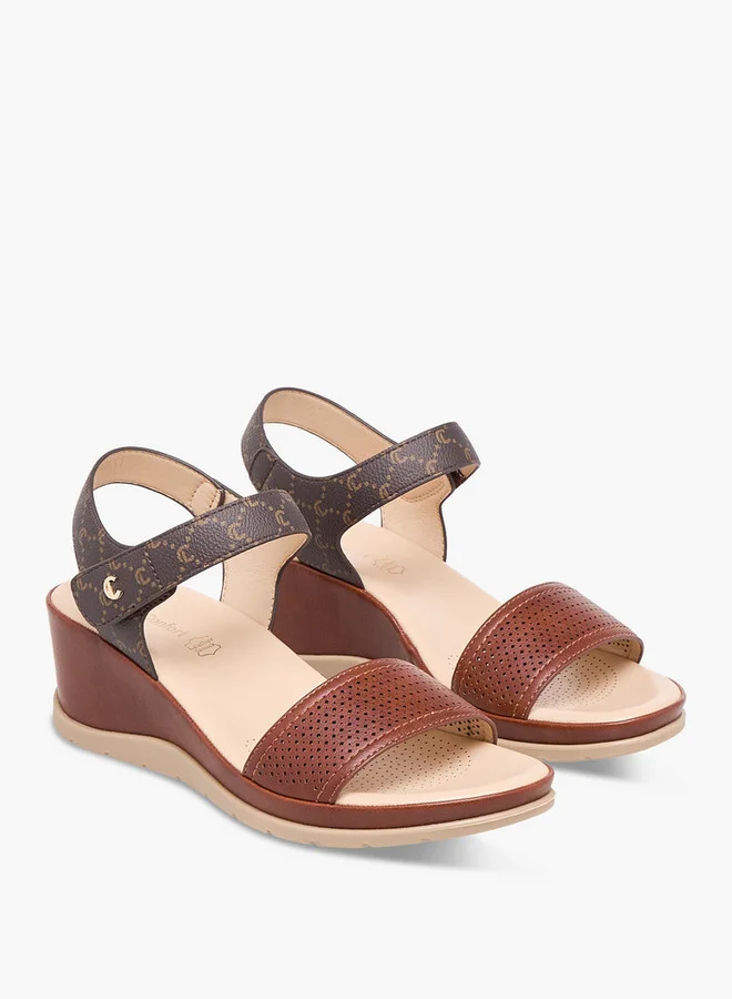لو كونفورت Textured Wedge Heel Sandals with Hook and Loop Closure