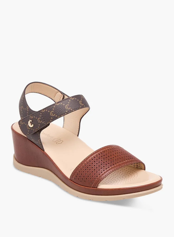 لو كونفورت Textured Wedge Heel Sandals with Hook and Loop Closure