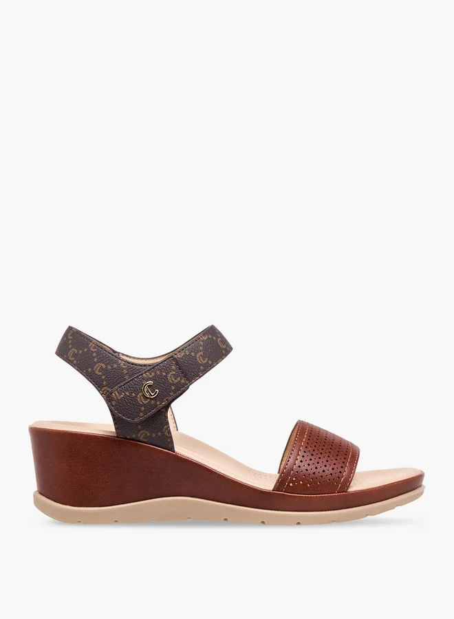 لو كونفورت Textured Wedge Heel Sandals with Hook and Loop Closure