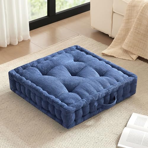 Intelligent Design Large Floor Pillow for Adults Yoga or Meditation Cushion with Handle Floor Cushion for Board Games Lustrous Chenille Tufted Handsewn Scalloped Edge Azza 24 x 24 x 5 Navy - Image 1