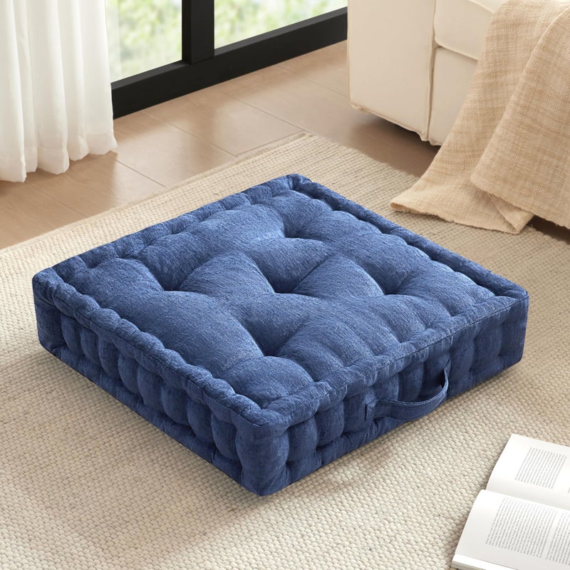Intelligent Design Large Floor Pillow for Adults Yoga or Meditation Cushion with Handle Floor Cushion for Board Games Lustrous Chenille Tufted Handsewn Scalloped Edge Azza 24 x 24 x 5 Navy - Image 2