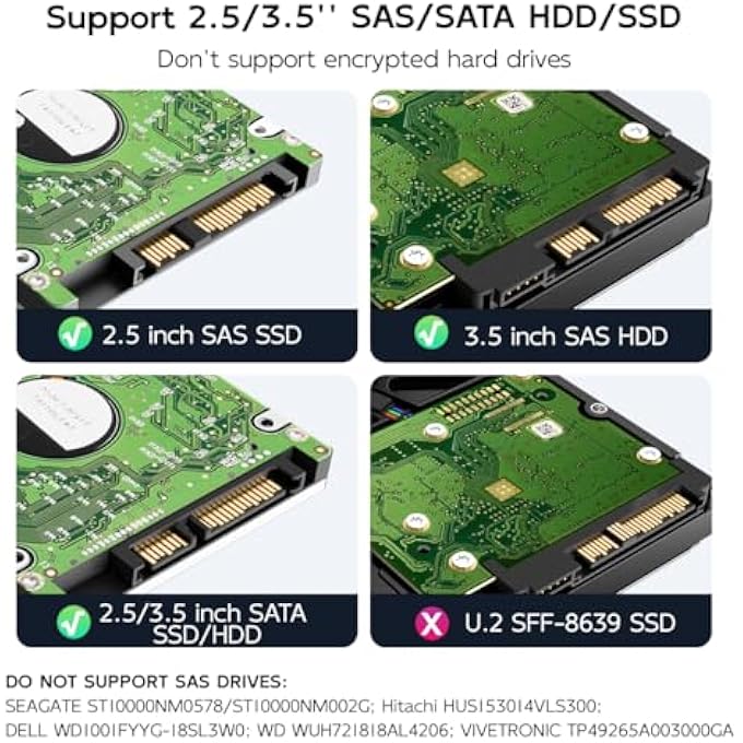 MAIWO محول SAS إلى USB 3.0، قارئ صندوق القرص الصلب SAS SATA بحجم 2.5 و 3.5 بوصة، سعة 24TB، محطة إرساء القرص الصلب الخارجية مع طاقة 12V/2A، بدون أدوات - Image 2