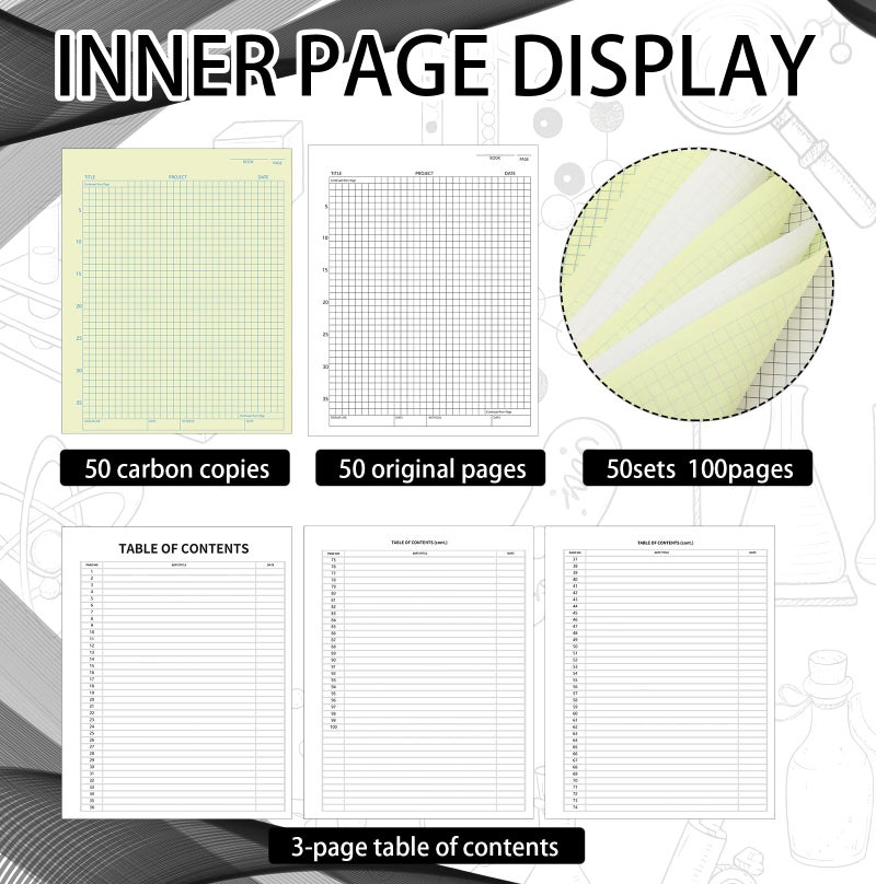 Affrolling 1 Pack Carbonless Lab Notebook Carbon Copy 8.5'' x 11'' Chemistry Laboratory Engineering Computation Notebook Science Grid 50 Sets of Pages 103 Pages Total Coil Binding(Black and White) - Image 3