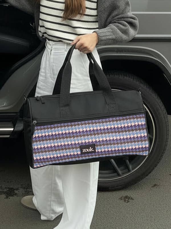 Zouk Travel Duffle Bag | Perfect 3 Day Trip Duffle for 10 Clothes | Lightweight Foldable Polyester Cabin Bag for Men & Women | Full Access Opening, Mesh Pocket & Trolley Sleeve | Bombay Houndstooth - Image 4
