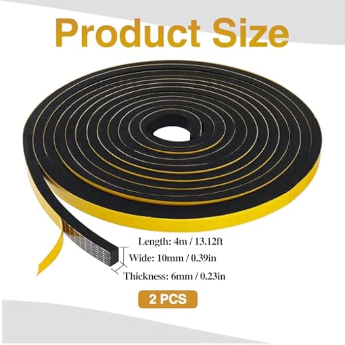 2 ROLLS DOOR SEAL SELF-ADHESIVE SEALING TAPE WINDOW SEAL 10 MM (W) X 6 MM (D) X 4 M (L) AGAINST COLD DRAUGHTS/ANTI-COLLISION/SOUNDPROOF/WATERPROOF/DUSTPROOF BLACK - Image 2