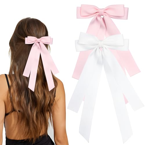 MIKONIKO Bow Hair Clips 2PCS Set for Women and Girls Black White Ribbon Bows for Hair with Long Tail Alligator Clip White Pink - Image 1