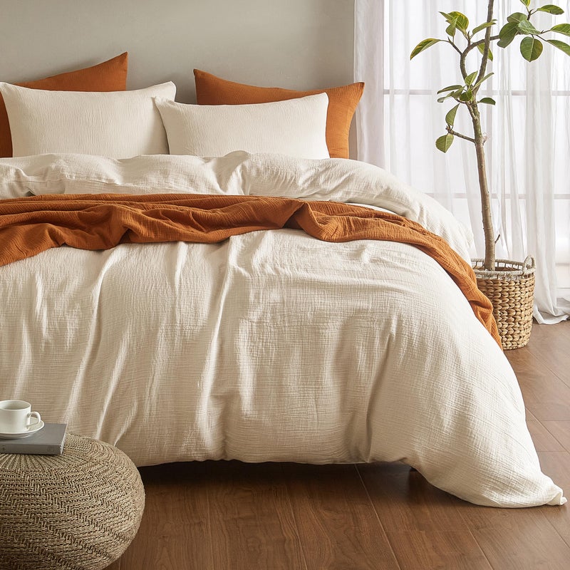 SE SOFTEXLY Muslin Duvet Cover Queen Size, 100% Washed Cotton Duvet Cover Set, Ultra Soft Comforter Cover Linen Like, 3 Pieces Minimalist Gauze Duvet Cover with 2 Pillowcases, 90"x90", Off-White - Image 1