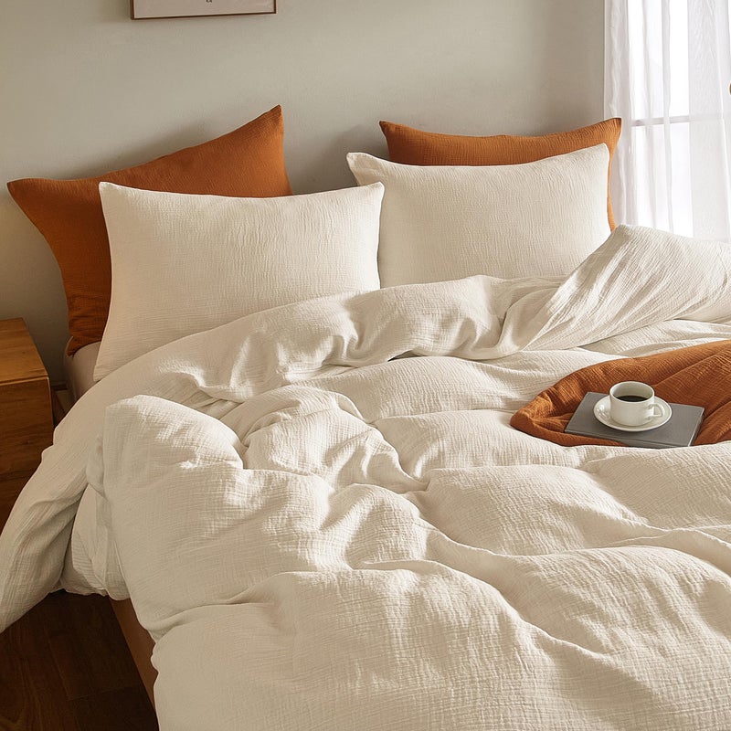 SE SOFTEXLY Muslin Duvet Cover Queen Size, 100% Washed Cotton Duvet Cover Set, Ultra Soft Comforter Cover Linen Like, 3 Pieces Minimalist Gauze Duvet Cover with 2 Pillowcases, 90"x90", Off-White - Image 4