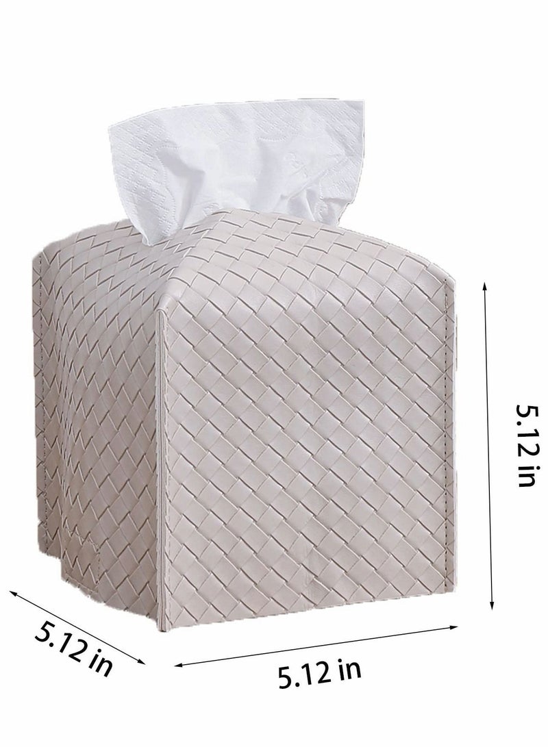 Y&D Tissue Box, PU Leather Woven Square Kleenex Storage Organizer Rack For Bathroom Dresser Desktop Car Desk Bedroom (White)  - Image 5