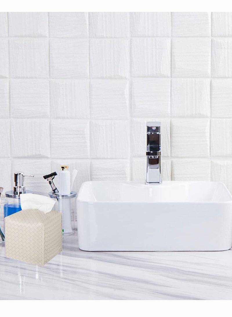Y&D Tissue Box, PU Leather Woven Square Kleenex Storage Organizer Rack For Bathroom Dresser Desktop Car Desk Bedroom (White)  - Image 4