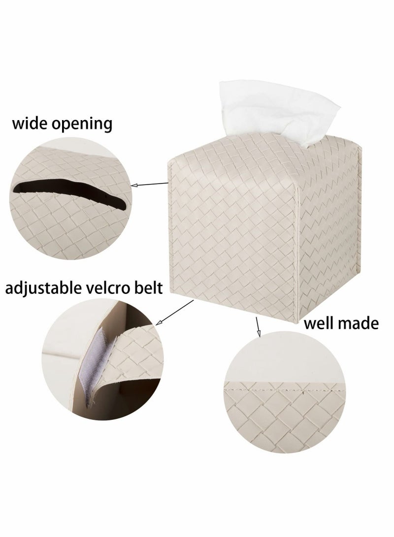 Y&D Tissue Box, PU Leather Woven Square Kleenex Storage Organizer Rack For Bathroom Dresser Desktop Car Desk Bedroom (White)  - Image 2