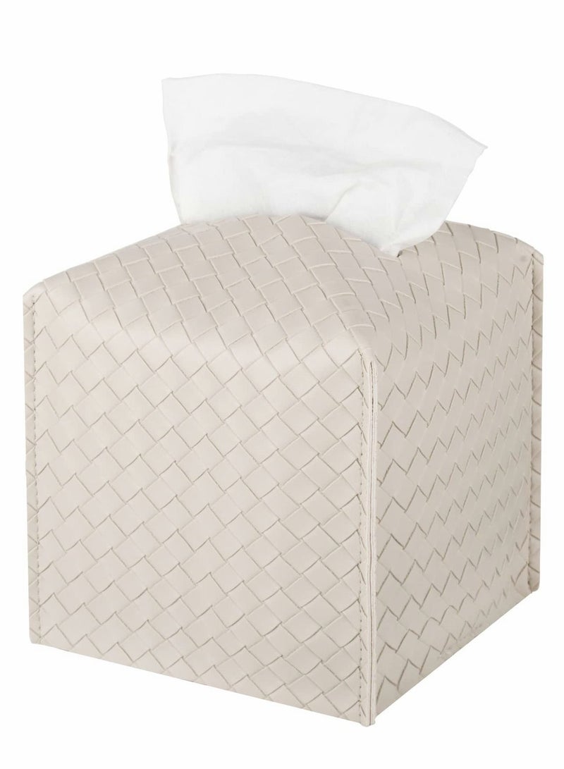 Y&D Tissue Box, PU Leather Woven Square Kleenex Storage Organizer Rack For Bathroom Dresser Desktop Car Desk Bedroom (White)  - Image 1