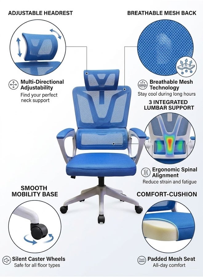 NKX Ergonomic Mesh Office Chair with Adjustable Headrest & Lumbar Support, Breathable High-Back Computer Desk Chair, Thick Cushion Seat, 360° Swivel Rolling Wheels, Comfortable Home & Office Chair - Blue - Image 5