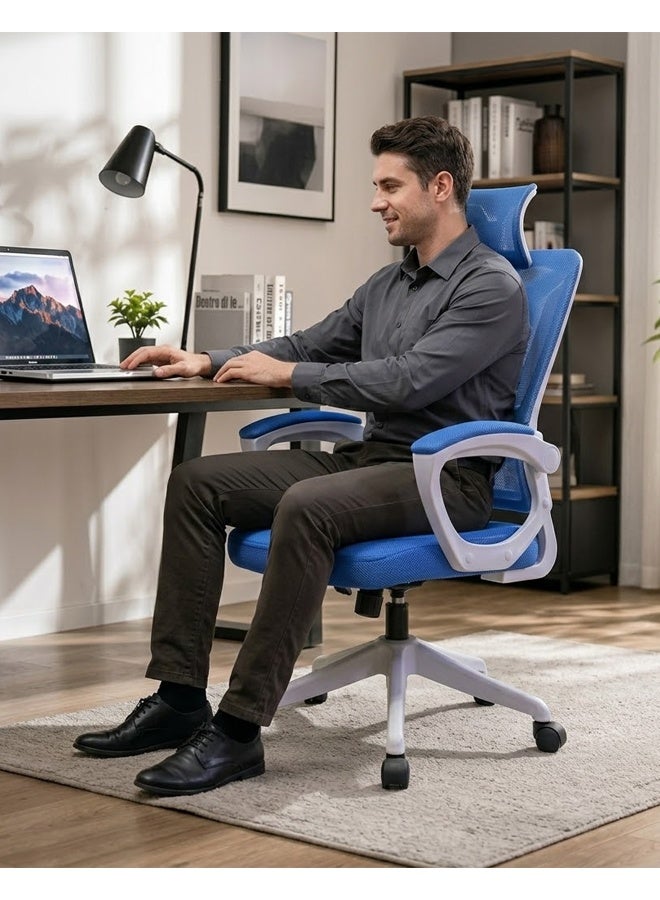 NKX Ergonomic Mesh Office Chair with Adjustable Headrest & Lumbar Support, Breathable High-Back Computer Desk Chair, Thick Cushion Seat, 360° Swivel Rolling Wheels, Comfortable Home & Office Chair - Blue - Image 2