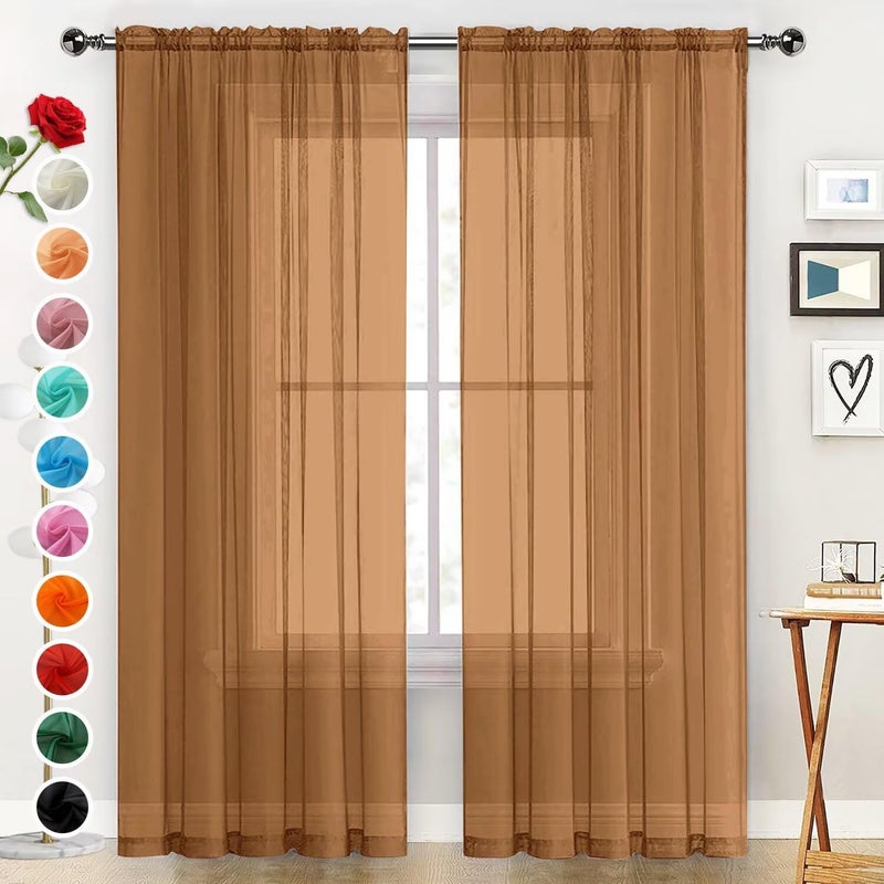 SpaceDresser Basic Rod Pocket Sheer Voile Window Curtain Panels Light Brown 1 Pair 2 Panels 52 Width 84 Inch Long for Kitchen Bedroom Children Living Room Yardï¼ˆLight Brown, 52W x 84Lï¼‰ - Image 1