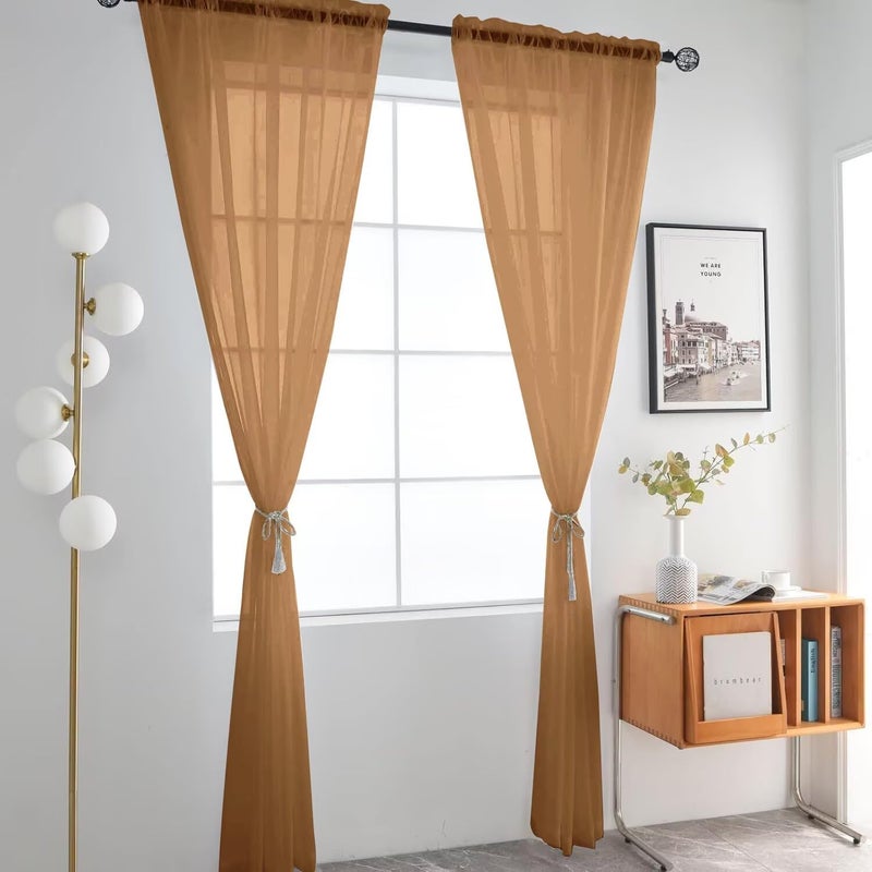 SpaceDresser Basic Rod Pocket Sheer Voile Window Curtain Panels Light Brown 1 Pair 2 Panels 52 Width 84 Inch Long for Kitchen Bedroom Children Living Room Yardï¼ˆLight Brown, 52W x 84Lï¼‰ - Image 2
